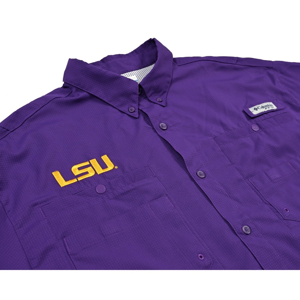 Columbia PFG LSU Tigers Omni-Shade Button Down Fishing Purple Shirt Men's Large